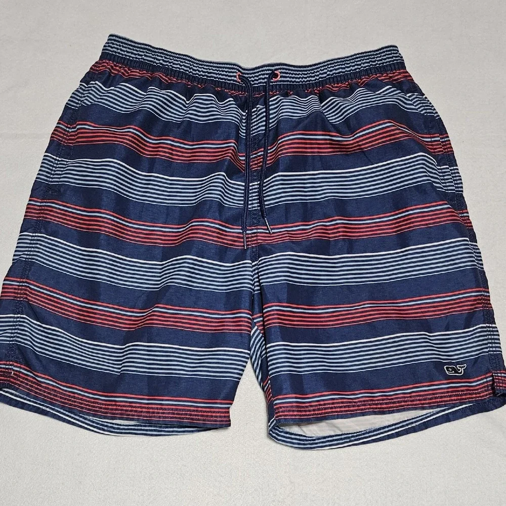 Vineyard Vines Bungalow Swim Trunks Mens Size M Cove Stripe Red White Blue Lined